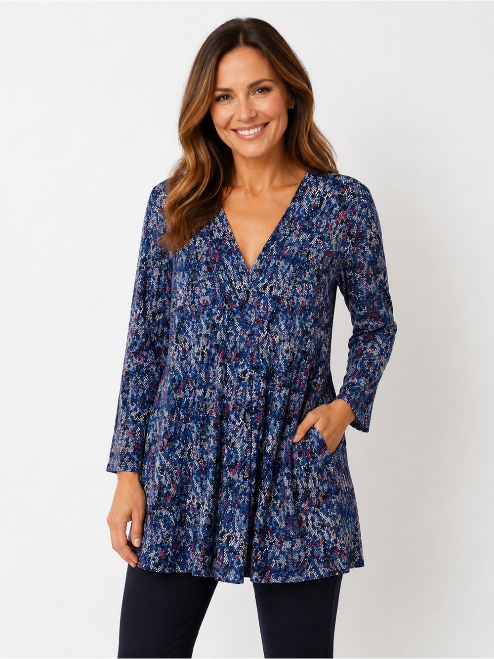 Women’s Blue Floral V-Neck Long Sleeve Tunic Top - 0603